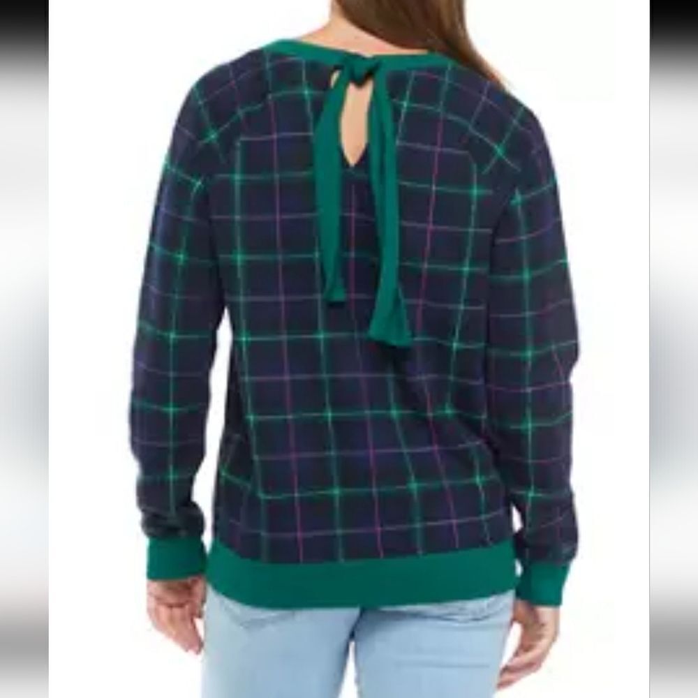Crown & Ivy Long Sleeve Bow Back Plaid Sweater Keyhole XL